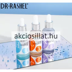 DR Rashel Complete Facial Serum Set háromrészes arcszérum csomag fehér díszdobozban, mellette a pipettás Vitamin C, Retinol és Hyaluronic Acid szérumos üvegekkel.