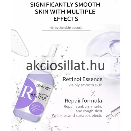 DR Rashel Complete Facial Serum Set háromrészes arcszérum csomag fehér díszdobozban, mellette a pipettás Vitamin C, Retinol és Hyaluronic Acid szérumos üvegekkel.