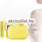 Sadoer Sulfur Soap 100g-os kénes szappan sima, sárga tömbje a belevésett márkajelzéssel és a mellette álló sárga színű papírdobozsal.