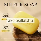 Sadoer Sulfur Soap 100g-os kénes szappan sima, sárga tömbje a belevésett márkajelzéssel és a mellette álló sárga színű papírdobozsal.
