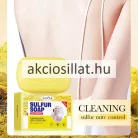 Sadoer Sulfur Soap 100g-os kénes szappan sima, sárga tömbje a belevésett márkajelzéssel és a mellette álló sárga színű papírdobozsal.