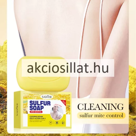 Sadoer Sulfur Soap 100g-os kénes szappan sima, sárga tömbje a belevésett márkajelzéssel és a mellette álló sárga színű papírdobozsal.