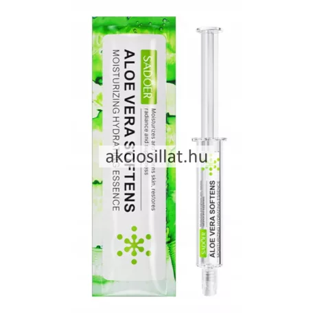 Sadoer Aloe Vera Softens 10g-os hidratáló arcesszencia átlátszó adagoló fecskendőben és zöld tasakban