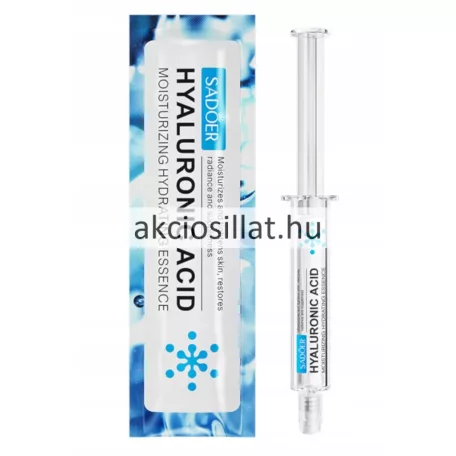 Sadoer Hyaluronic Acid 10g-os hialuronsavas hidratáló arcesszencia átlátszó adagoló fecskendőben és kék tasakban
