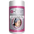Az E-Hair hajfesték eltávolító törlőkendő 100db.jpg fotón a professzionális kozmetikai tisztítókendő látható: egy magas, fehér színű hengeres flakon, amelynek az előlapján egy nagyméretű, élénk pink és szürke mintás címke helyezkedik el e-hair és HAJFESTÉK ELTÁVOLÍTÓ TÖRŐKENDŐ 100db feliratokkal, a címke közepén pedig egy kör alakú fotón egy hajfestést kapó, mosolygó női arc látható.