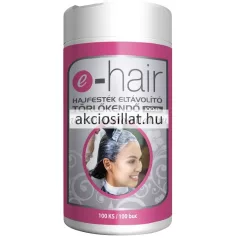 Az E-Hair hajfesték eltávolító törlőkendő 100db.jpg fotón a professzionális kozmetikai tisztítókendő látható: egy magas, fehér színű hengeres flakon, amelynek az előlapján egy nagyméretű, élénk pink és szürke mintás címke helyezkedik el e-hair és HAJFESTÉK ELTÁVOLÍTÓ TÖRŐKENDŐ 100db feliratokkal, a címke közepén pedig egy kör alakú fotón egy hajfestést kapó, mosolygó női arc látható.