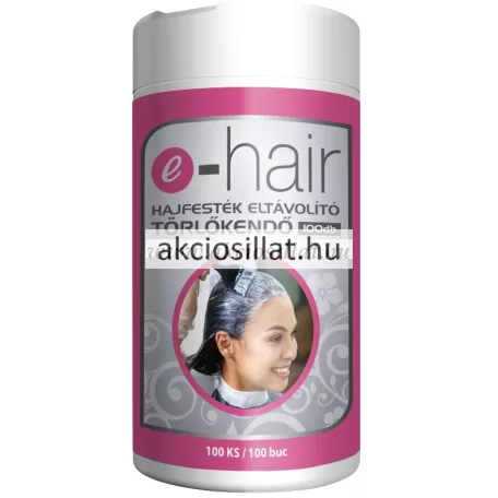 Az E-Hair hajfesték eltávolító törlőkendő 100db.jpg fotón a professzionális kozmetikai tisztítókendő látható: egy magas, fehér színű hengeres flakon, amelynek az előlapján egy nagyméretű, élénk pink és szürke mintás címke helyezkedik el e-hair és HAJFESTÉK ELTÁVOLÍTÓ TÖRŐKENDŐ 100db feliratokkal, a címke közepén pedig egy kör alakú fotón egy hajfestést kapó, mosolygó női arc látható.