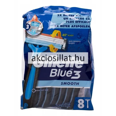 Gillette Blue3 Smooth 8 darabos kék eldobható borotva csomagolása billenőfejes technológiával.