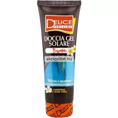 A Delice Solaire színmegőrző tusfürdő 250ml.jpg fotón a professzionális napozás utáni tusfürdő látható: egy álló, fekete színű tubus élénk narancssárga kupakkal, az előlapján felül piros alapon fehér betűs DELICE SOLAIRE logóval, alatta DOCCIA GEL SOLARE és BRONZE SUN SHOWER GEL feliratokkal, a tubus közepén pedig egy tengerparti pálmafát ábrázoló kerek fotó és fehér trópusi virágok rajzai helyezkednek el a sárga CAROTENE E ALOE VERA megjelöléssel.