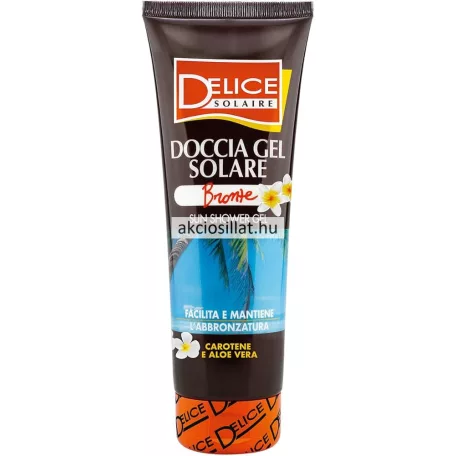 A Delice Solaire színmegőrző tusfürdő 250ml.jpg fotón a professzionális napozás utáni tusfürdő látható: egy álló, fekete színű tubus élénk narancssárga kupakkal, az előlapján felül piros alapon fehér betűs DELICE SOLAIRE logóval, alatta DOCCIA GEL SOLARE és BRONZE SUN SHOWER GEL feliratokkal, a tubus közepén pedig egy tengerparti pálmafát ábrázoló kerek fotó és fehér trópusi virágok rajzai helyezkednek el a sárga CAROTENE E ALOE VERA megjelöléssel.