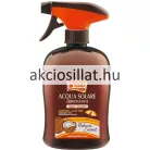 A Delice Solaire színmegőrző napozó spray 500ml.jpg képen a barna flakon látható narancssárga szórófejes pumpával, Acqua Solare Abbronzante feliratú címkével és kókuszdió grafikával.