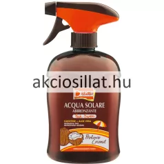 A Delice Solaire színmegőrző napozó spray 500ml.jpg képen a barna flakon látható narancssárga szórófejes pumpával, Acqua Solare Abbronzante feliratú címkével és kókuszdió grafikával.