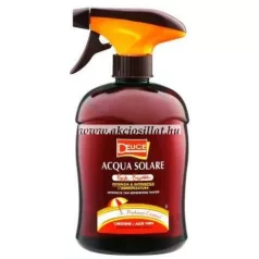 A Delice Solaire színmegőrző napozó spray 500ml.jpg képen a barna flakon látható narancssárga szórófejes pumpával, Acqua Solare Abbronzante feliratú címkével és kókuszdió grafikával.