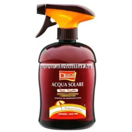 A Delice Solaire színmegőrző napozó spray 500ml.jpg képen a barna flakon látható narancssárga szórófejes pumpával, Acqua Solare Abbronzante feliratú címkével és kókuszdió grafikával.