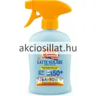 A Delice Solaire naptej spray gyermek SPF50 250ml.jpg fotón a professzionális gyermek naptej látható: egy világoskék színű, ergonomikus flakon élénksárga pumpás ravaszfejjel, az előlapján narancssárga alapon fehér betűs DELICE SOLAIRE logóval, alatta LATTE SOLARE SPRAY NO GAS felirattal, a flakon közepén kék alapon lévő fehér UVA UVB SPF 50+ és BAMBINI megjelölésekkel, valamint az alsó narancssárga sávban lévő FORMULA SENZA PROFUMO felirattal.
