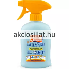 A Delice Solaire naptej spray gyermek SPF50 250ml.jpg fotón a professzionális gyermek naptej látható: egy világoskék színű, ergonomikus flakon élénksárga pumpás ravaszfejjel, az előlapján narancssárga alapon fehér betűs DELICE SOLAIRE logóval, alatta LATTE SOLARE SPRAY NO GAS felirattal, a flakon közepén kék alapon lévő fehér UVA UVB SPF 50+ és BAMBINI megjelölésekkel, valamint az alsó narancssárga sávban lévő FORMULA SENZA PROFUMO felirattal.