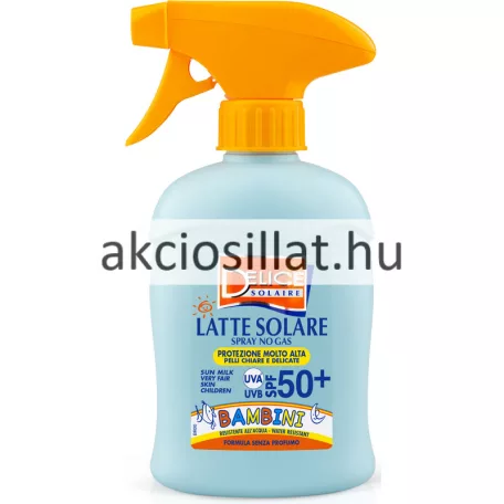A Delice Solaire naptej spray gyermek SPF50 250ml.jpg fotón a professzionális gyermek naptej látható: egy világoskék színű, ergonomikus flakon élénksárga pumpás ravaszfejjel, az előlapján narancssárga alapon fehér betűs DELICE SOLAIRE logóval, alatta LATTE SOLARE SPRAY NO GAS felirattal, a flakon közepén kék alapon lévő fehér UVA UVB SPF 50+ és BAMBINI megjelölésekkel, valamint az alsó narancssárga sávban lévő FORMULA SENZA PROFUMO felirattal.