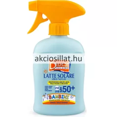 A Delice Solaire naptej spray gyermek SPF50 250ml.jpg fotón a professzionális gyermek naptej látható: egy világoskék színű, ergonomikus flakon élénksárga pumpás ravaszfejjel, az előlapján narancssárga alapon fehér betűs DELICE SOLAIRE logóval, alatta LATTE SOLARE SPRAY NO GAS felirattal, a flakon közepén kék alapon lévő fehér UVA UVB SPF 50+ és BAMBINI megjelölésekkel, valamint az alsó narancssárga sávban lévő FORMULA SENZA PROFUMO felirattal.