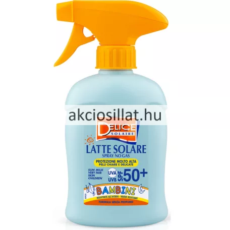 A Delice Solaire naptej spray gyermek SPF50 250ml.jpg fotón a professzionális gyermek naptej látható: egy világoskék színű, ergonomikus flakon élénksárga pumpás ravaszfejjel, az előlapján narancssárga alapon fehér betűs DELICE SOLAIRE logóval, alatta LATTE SOLARE SPRAY NO GAS felirattal, a flakon közepén kék alapon lévő fehér UVA UVB SPF 50+ és BAMBINI megjelölésekkel, valamint az alsó narancssárga sávban lévő FORMULA SENZA PROFUMO felirattal.