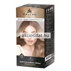 Kallos Glow 910 világos hamvasszőke tartós krémhajfesték doboza szőke modell fotójával.