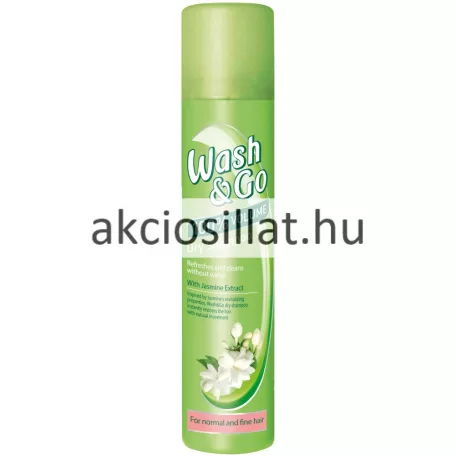 Wash & Go jázmin kivonatos száraz sampon 200ml-es zöld flakonban, fehér virágokkal.