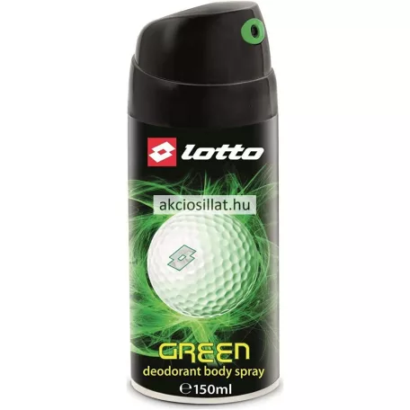 Lotto Green 150ml-es férfi dezodor spray fekete flakonja zöld fénnyel övezett golflabda grafikával és zöld fújófejes fekete kupakkal.