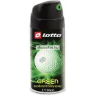 Lotto Green 150ml-es férfi dezodor spray fekete flakonja zöld fénnyel övezett golflabda grafikával és zöld fújófejes fekete kupakkal.
