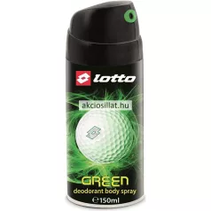 Lotto Green 150ml-es férfi dezodor spray fekete flakonja zöld fénnyel övezett golflabda grafikával és zöld fújófejes fekete kupakkal.