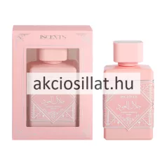Iscents Luminous Melody Blush 100ml-es női parfüm álló szögletes matt halványrózsaszín flakonban melynek előlapján ezüst színű rombusz alakú keretben arab írásjelek és Luminous Melody blush felirat látható mellette geometrikus ezüst mintázattal a tetején szögletes matt rózsaszín kupakkal valamint balra a hozzá tartozó ugyanilyen halványrózsaszín ablakos díszdobozzal melyen ezüst díszítő motívumok és ISCENTS felirat szerepel