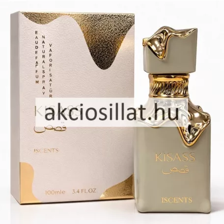 Iscents Kisass 100ml-es női parfüm elegáns szögletes bézs színű üvegflakonban melynek előlapján arany színű KISASS és ISCENTS feliratok láthatók tetején pedig egy különleges aszimmetrikus bézs és folyékony hatású fényes arany kupak helyezkedik el mellette a hozzá tartozó bézs színű díszdobozzal melynek felső és alsó sarkait szintén hullámos arany mintázat díszíti