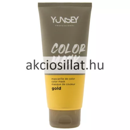 Yunsey Color Mask Gold 200ml-es színező hajpakolás álló tubusos kiszerelésben melynek felső része matt szürkésbarna színű fehér Yunsey Professional és Color Mask feliratokkal az alsó része pedig sötétebb meleg sárgásarany színű fekete betűs gold megjelöléssel