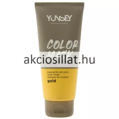 Yunsey Color Mask Gold 200ml-es színező hajpakolás álló tubusos kiszerelésben melynek felső része matt szürkésbarna színű fehér Yunsey Professional és Color Mask feliratokkal az alsó része pedig sötétebb meleg sárgásarany színű fekete betűs gold megjelöléssel