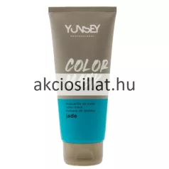 Yunsey Color Mask Blue Jade 200ml-es színező hajpakolás álló tubusos kiszerelésben melynek felső része matt szürkésbarna színű fehér Yunsey Professional és Color Mask feliratokkal az alsó része pedig élénk türkizkék színű fekete betűs jade megjelöléssel