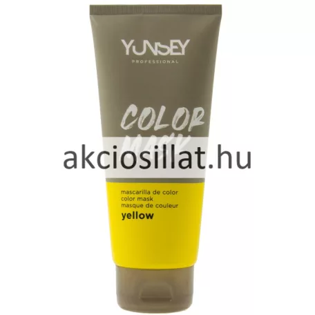 Yunsey Color Mask Yellow 200ml-es színező hajpakolás álló tubusban melynek felső része matt szürkésbarna színű fehér Yunsey Professional és Color Mask feliratokkal az alsó része pedig élénksárga színű fekete betűs yellow megjelöléssel