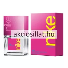 Nike Pink Woman EDT 30ml női parfüm látható: egy letisztult, négyzetes formájú, áttetsző üvegből készült flakon pink színű kupakkal és felirattal, mellette az élénk pink és sárga színű gyári dobozával.