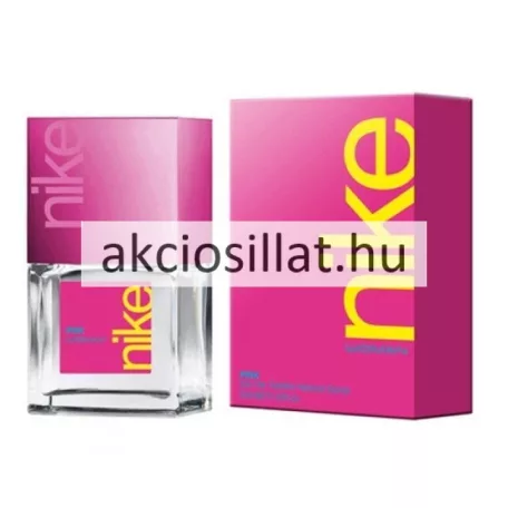 Nike Pink Woman EDT 30ml női parfüm látható: egy letisztult, négyzetes formájú, áttetsző üvegből készült flakon pink színű kupakkal és felirattal, mellette az élénk pink és sárga színű gyári dobozával.