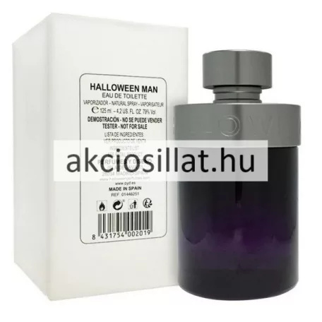 A Jesus Del Pozo Halloween Man EDT 125ml TESZTER.jpg fotón a mélylila színű hengeres üvegflakon látható gunmetal szürke színű kupakkal és gallérral, mellette a letisztult fehér színű gyári teszter dobozával, amelyen termékinformációk és egy vonalkód szerepelnek.