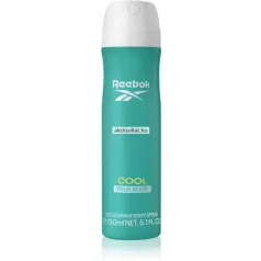 Reebok Cool Your Body for women 150ml-es női dezodor álló karcsúsított kialakítású fémdobozban melynek palástja egységesen élénk türkizkék színű középen fehér REEBOK felirattal és logóval valamint fekete akciosillat.hu vízjellel ellátva alsó részén halványsárga és fehér színű COOL YOUR BODY és DEODORANT BODY SPRAY feliratok olvashatóak a flakon tetején egy lekerekített formájú hófehér színű műanyag szórófejes kupak helyezkedik el