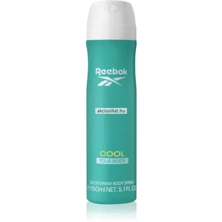 Reebok Cool Your Body for women 150ml-es női dezodor álló karcsúsított kialakítású fémdobozban melynek palástja egységesen élénk türkizkék színű középen fehér REEBOK felirattal és logóval valamint fekete akciosillat.hu vízjellel ellátva alsó részén halványsárga és fehér színű COOL YOUR BODY és DEODORANT BODY SPRAY feliratok olvashatóak a flakon tetején egy lekerekített formájú hófehér színű műanyag szórófejes kupak helyezkedik el