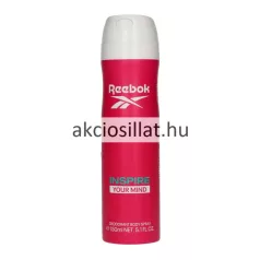 Reebok Inspire Your Mind for women 150ml-es női dezodor álló karcsúsított kialakítású fémdobozban melynek palástja egységesen élénk málna- vagy magenta rózsaszín színű középen nagy fehér REEBOK felirattal és logóval valamint akciosillat.hu feliratú központi vízjellel ellátva alsó részén türkizkék és fehér színű INSPIRE YOUR MIND és DEODORANT BODY SPRAY feliratok olvashatóak a flakon tetején egy lekerekített formájú hófehér színű műanyag szórófejes kupak helyezkedik el