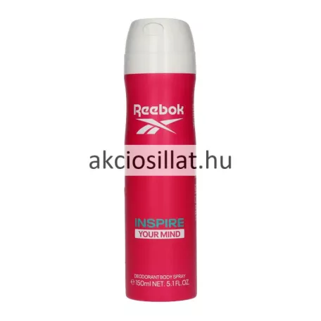 Reebok Inspire Your Mind for women 150ml-es női dezodor álló karcsúsított kialakítású fémdobozban melynek palástja egységesen élénk málna- vagy magenta rózsaszín színű középen nagy fehér REEBOK felirattal és logóval valamint akciosillat.hu feliratú központi vízjellel ellátva alsó részén türkizkék és fehér színű INSPIRE YOUR MIND és DEODORANT BODY SPRAY feliratok olvashatóak a flakon tetején egy lekerekített formájú hófehér színű műanyag szórófejes kupak helyezkedik el