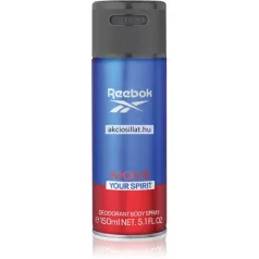 Reebok Move Your Spirit for men 150ml-es férfi dezodor álló hengeres fémdobozban melynek palástja kétrészes színezetű felső része fémes hatású sötétkék színű fehér REEBOK felirattal és logóval valamint akciosillat.hu vízjellel ellátva alsó része pedig élénk piros színű MOVE YOUR SPIRIT és DEODORANT BODY SPRAY feliratokkal a flakon tetején egy matt szürke színű texturált műanyag szórófejes kupak helyezkedik el