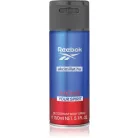 Reebok Move Your Spirit for men 150ml-es férfi dezodor álló hengeres fémdobozban melynek palástja kétrészes színezetű felső része fémes hatású sötétkék színű fehér REEBOK felirattal és logóval valamint akciosillat.hu vízjellel ellátva alsó része pedig élénk piros színű MOVE YOUR SPIRIT és DEODORANT BODY SPRAY feliratokkal a flakon tetején egy matt szürke színű texturált műanyag szórófejes kupak helyezkedik el