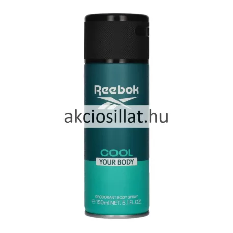 Reebok Cool Your Body for men 150ml-es férfi dezodor álló hengeres fémdobozban melynek felső kétharmada sötét tengerzöld színű rajta fehér REEBOK felirattal és logóval valamint akciosillat.hu feliratú központi vízjellel alsó egyharmada pedig világosabb élénk türkizkék színű COOL YOUR BODY és DEODORANT BODY SPRAY feliratokkal a flakon tetején egy fekete színű finoman texturált recézett műanyag szórófejes kupak látható