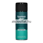 Reebok Cool Your Body for men 150ml-es férfi dezodor álló hengeres fémdobozban melynek felső kétharmada sötét tengerzöld színű rajta fehér REEBOK felirattal és logóval valamint akciosillat.hu feliratú központi vízjellel alsó egyharmada pedig világosabb élénk türkizkék színű COOL YOUR BODY és DEODORANT BODY SPRAY feliratokkal a flakon tetején egy fekete színű finoman texturált recézett műanyag szórófejes kupak látható
