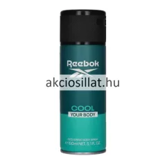 Reebok Cool Your Body for men 150ml-es férfi dezodor álló hengeres fémdobozban melynek felső kétharmada sötét tengerzöld színű rajta fehér REEBOK felirattal és logóval valamint akciosillat.hu feliratú központi vízjellel alsó egyharmada pedig világosabb élénk türkizkék színű COOL YOUR BODY és DEODORANT BODY SPRAY feliratokkal a flakon tetején egy fekete színű finoman texturált recézett műanyag szórófejes kupak látható