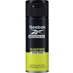 Reebok Inspire Your Mind for men 150ml-es férfi dezodor álló hengeres fémdobozban melynek felső kétharmada matt fekete színű rajta fehér REEBOK felirattal és logóval valamint akciosillat.hu vízjellel alsó egyharmada pedig élénk neonsárga színű INSPIRE YOUR MIND és DEODORANT BODY SPRAY feliratokkal a flakon tetején egy szintén fekete színű finoman texturált műanyag szórófejes kupak található