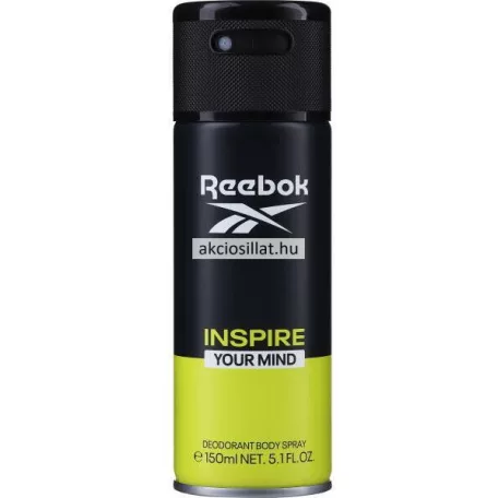 Reebok Inspire Your Mind for men 150ml-es férfi dezodor álló hengeres fémdobozban melynek felső kétharmada matt fekete színű rajta fehér REEBOK felirattal és logóval valamint akciosillat.hu vízjellel alsó egyharmada pedig élénk neonsárga színű INSPIRE YOUR MIND és DEODORANT BODY SPRAY feliratokkal a flakon tetején egy szintén fekete színű finoman texturált műanyag szórófejes kupak található