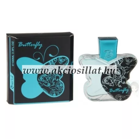 Omerta Butterfly Turkish 100ml-es női Eau de Parfum pillangó alakú türkiz üvege és fekete-türkiz díszdoboza.