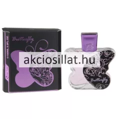 Omerta Butterfly Purple 100ml-es női Eau de Parfum pillangó alakú lila üvege és fekete-lila mintás díszdoboza.